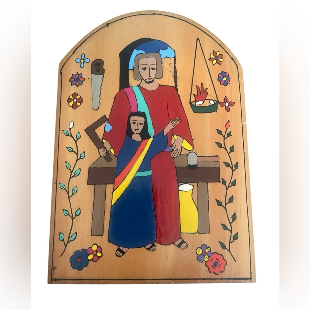 Vintage READ Wooden Plaque Jesus With A Child Carpenter Religious El Salvador